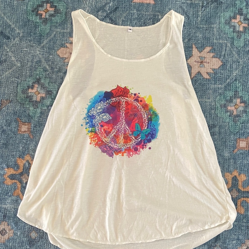 Cream Tank Top with Rainbow Peace Graphic